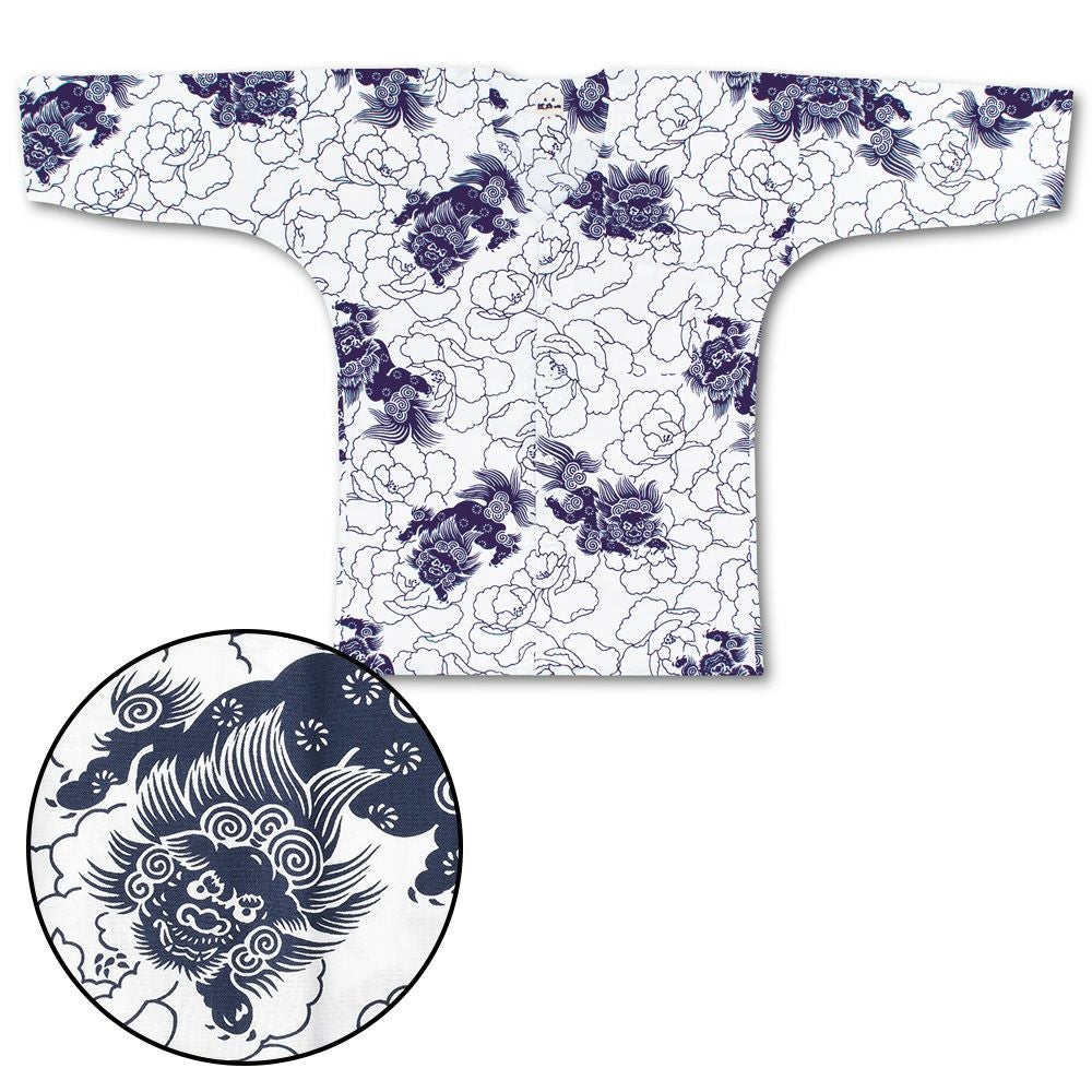 子供用 鶴刺繍 和服 青黒ストライプ 東京江戸一 鯉口シャツ 柄 唐獅子 【大人用】小・中・大 【女性用】小