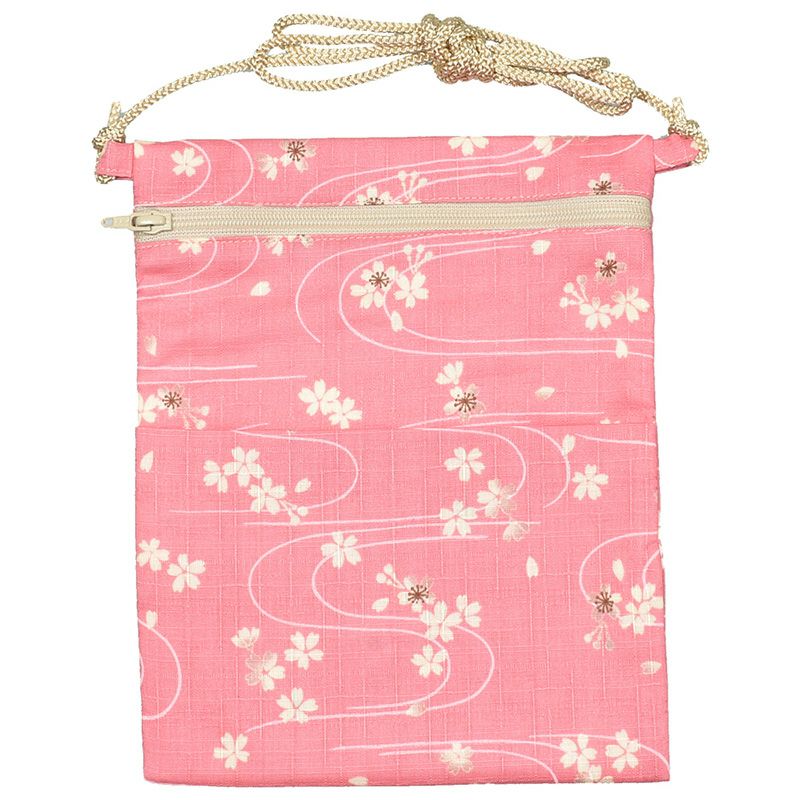 お祭りポシェット 縦長ポーチ 波に桜 桃色 | 祭り用品専門店の祭すみたや