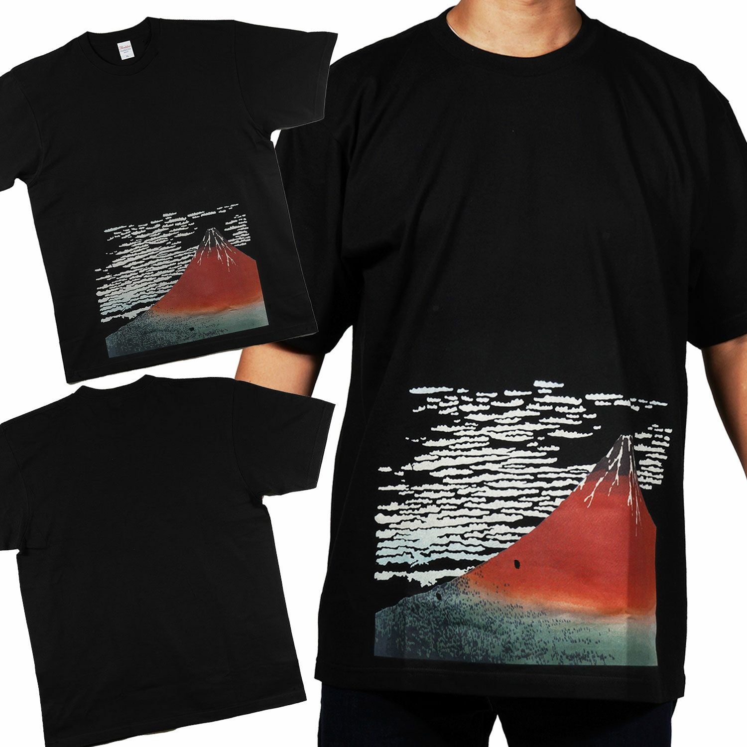 和柄Tシャツ 黒色 M・L・XLサイズ 葛飾北斎 赤富士 冨嶽三十六景