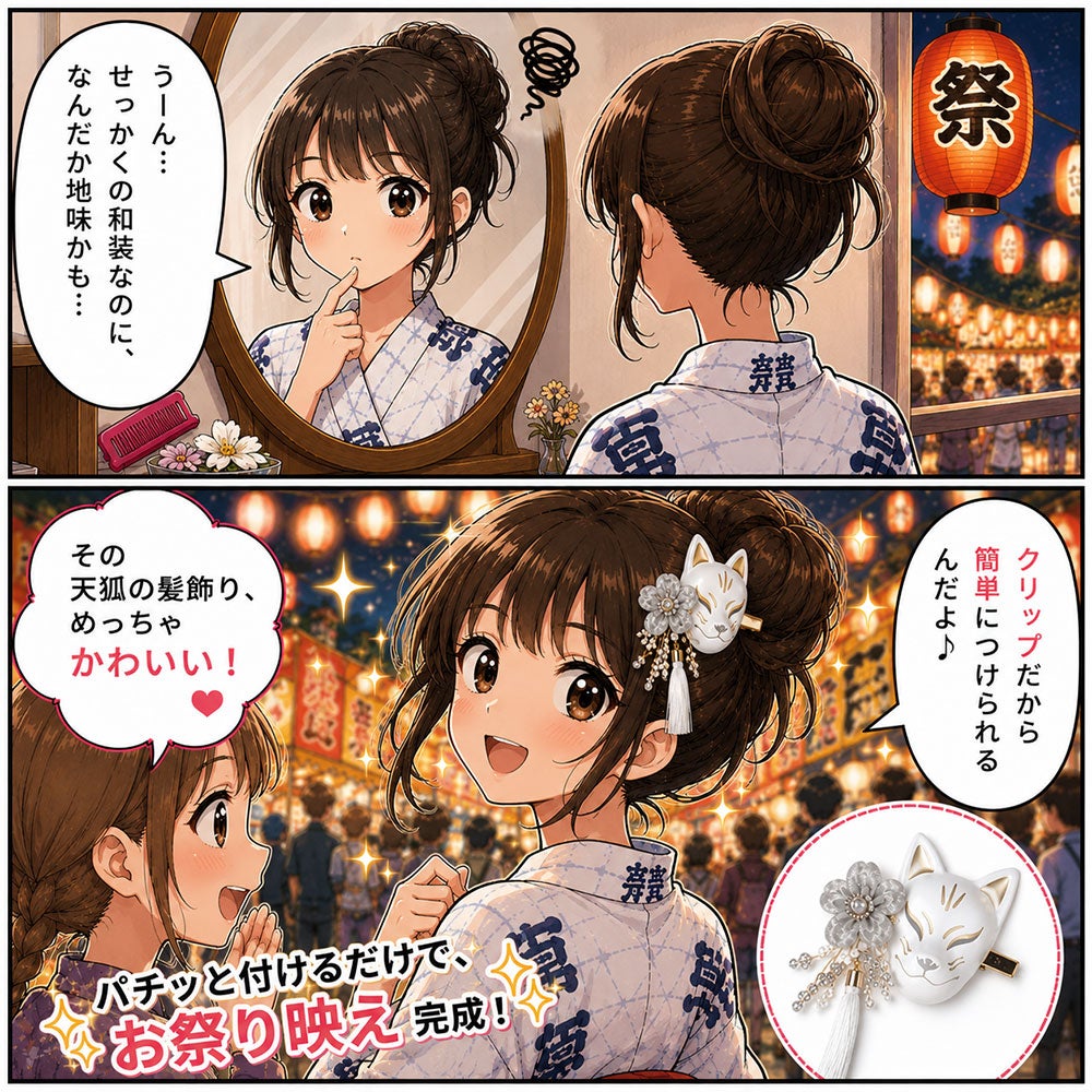 ミニお面 天狐ヘアクリップ髪飾り 金