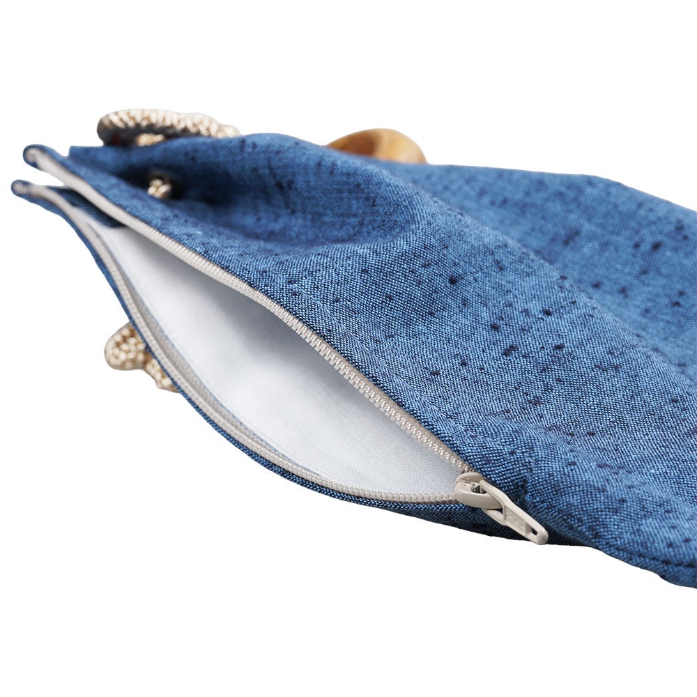 腰下げ巾着袋　ブルー紬