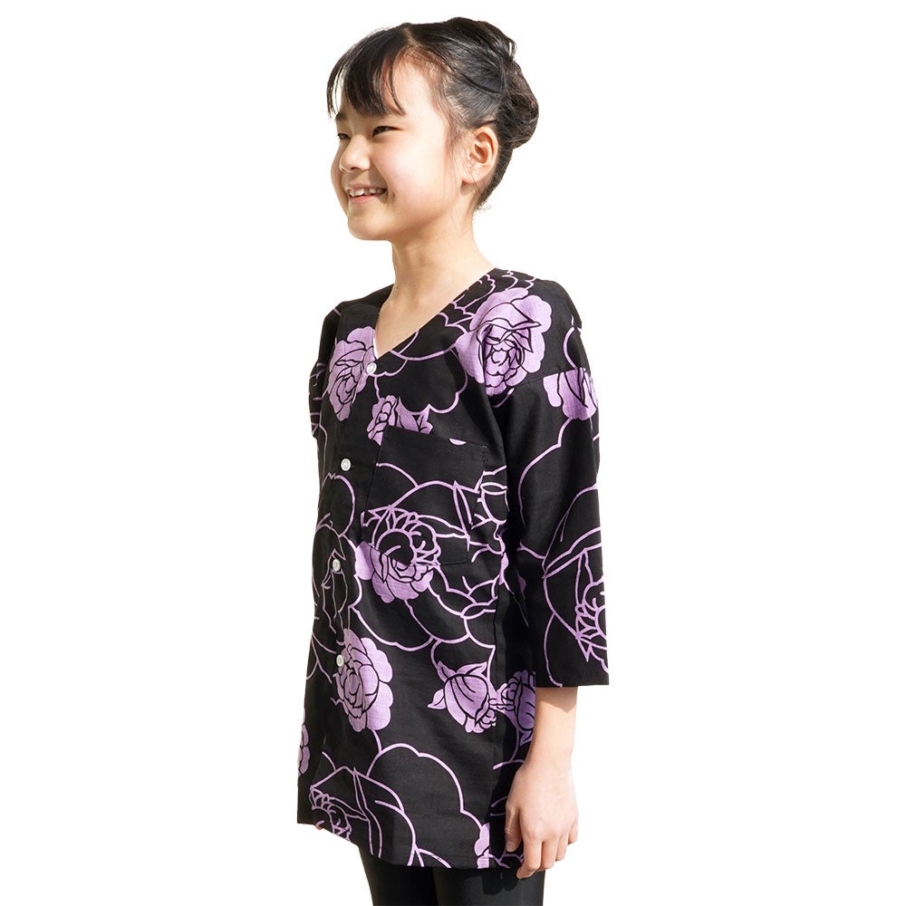 東京小粋　子供用　鯉口シャツ　薔薇　ふじ色　7号