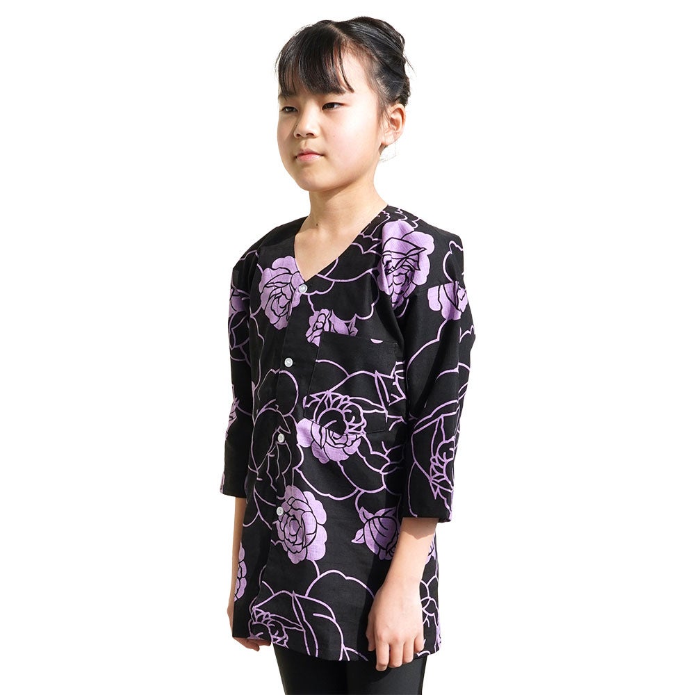 東京小粋　子供用　鯉口シャツ　薔薇　ふじ色　7号